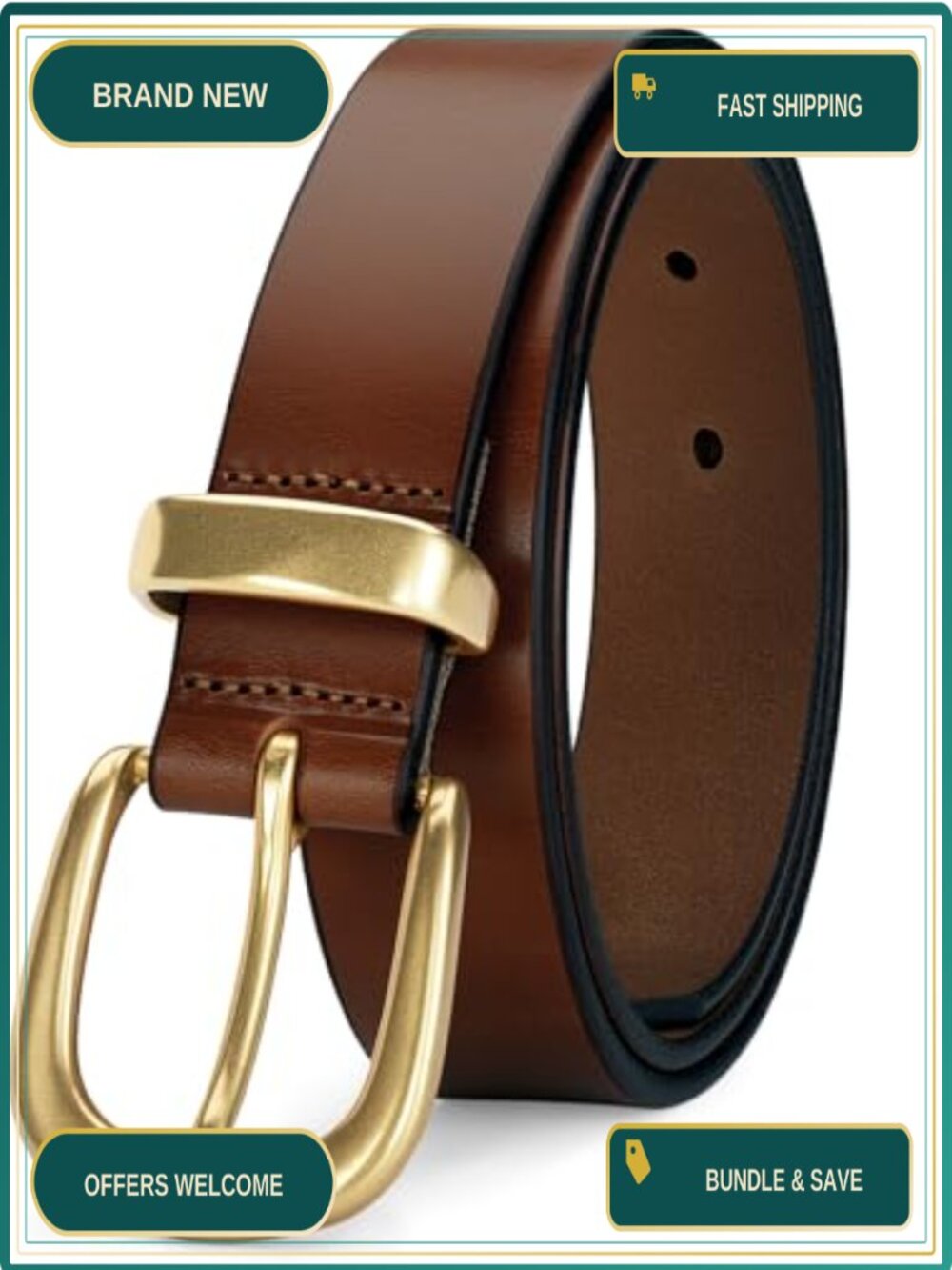 Women's Full Grain Leather Belt 1.1" Gold Buckle Gift Box
